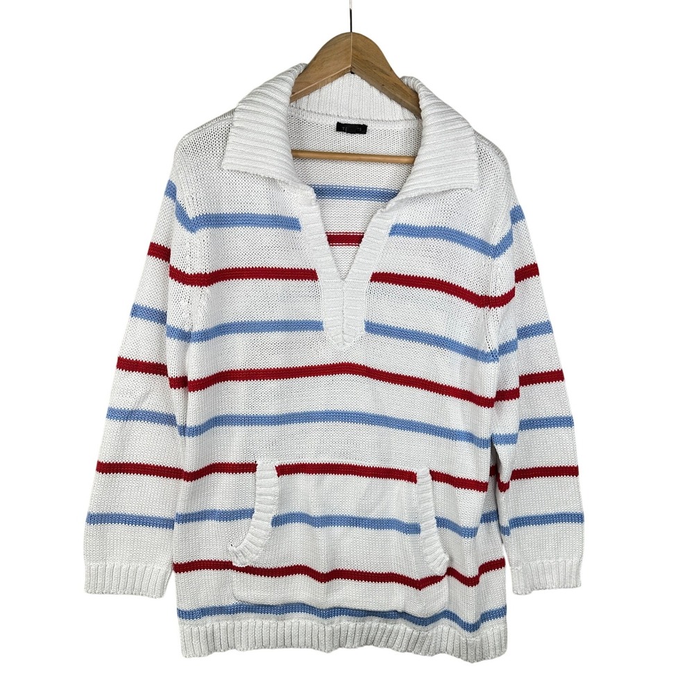 Talbots Womens Johnny Collar Pullover White Blue Red Sweater Size Large